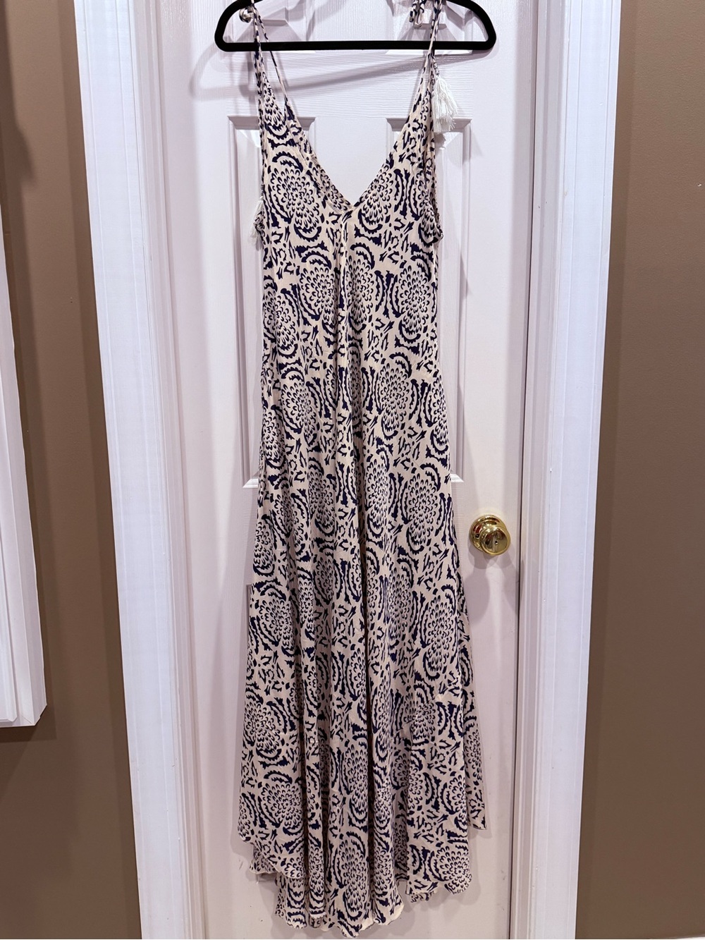 Beige and Navy Printed Slip Dress